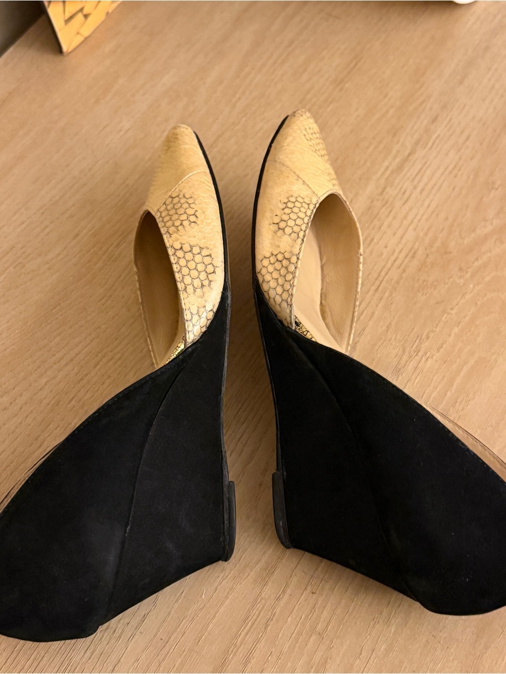 Loeffler Randall Black Suede and Beige Snakeskin Wedge Pumps 8B - Picture 6 of 9